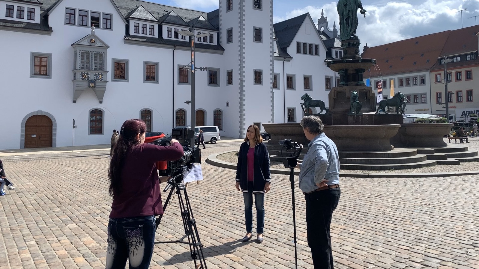 Videodreh Wahlwerbespot Anke Martin-Heede, am Springbrunnen August der Starke